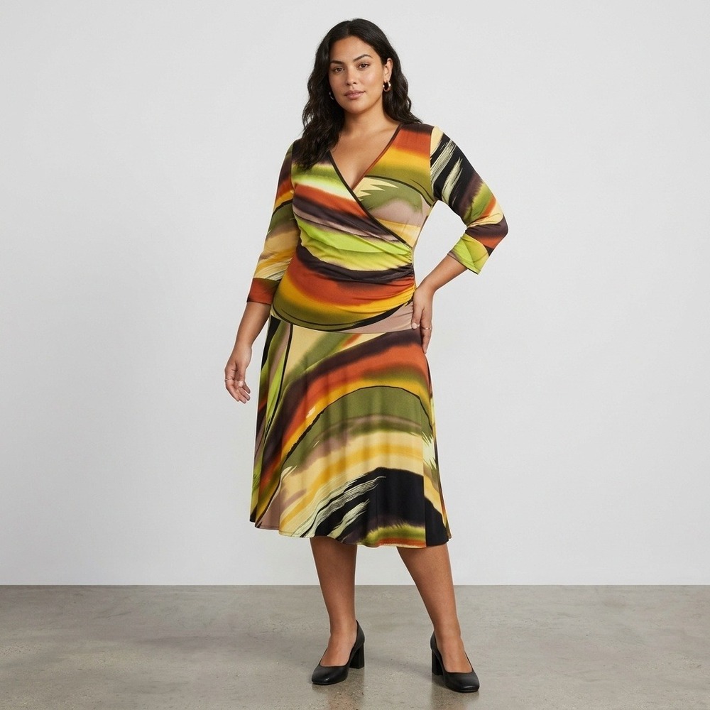 Avital Women's XL Abstract Graphic Print Faux Wrap Midi Dress 3/4 Sleeve